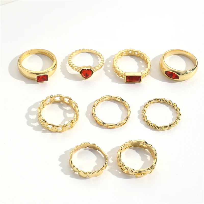 Set 9 Anelli Boho Cuore | Zirconi Rossi & Geometrie