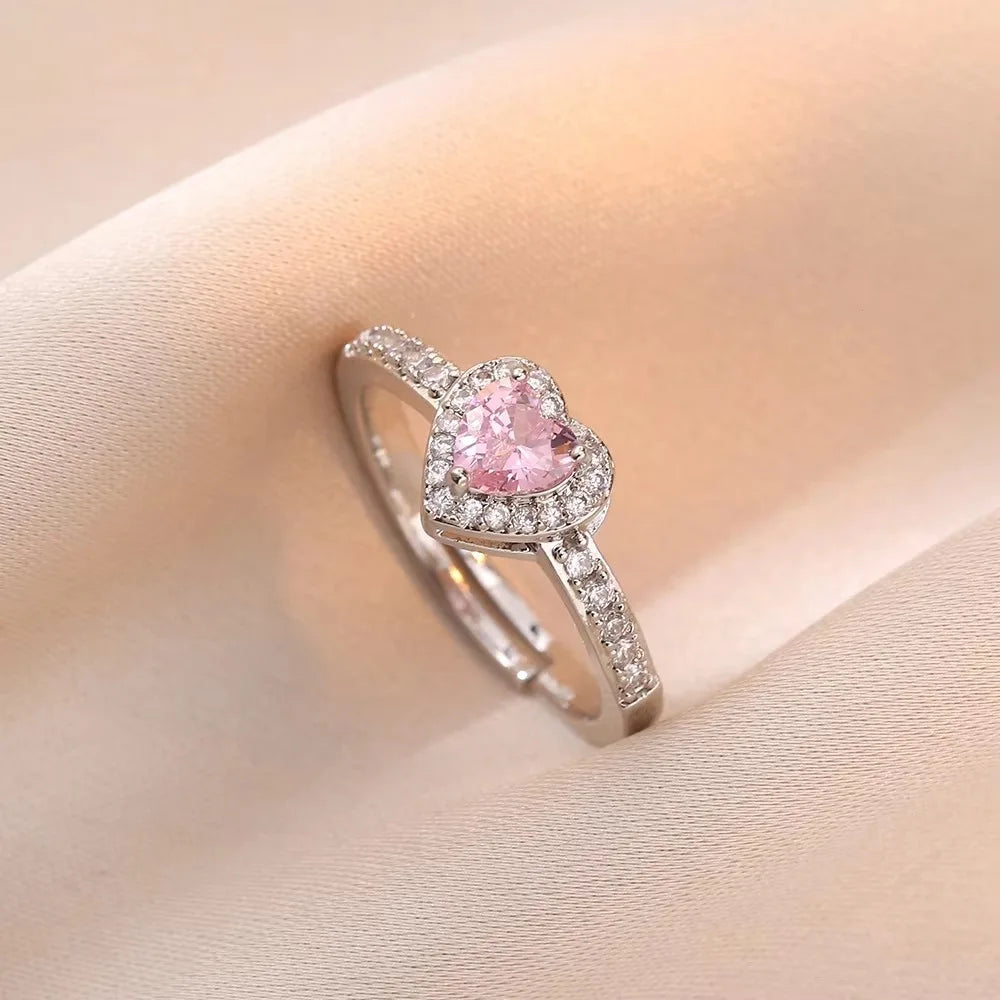 SET: Anello Cuore Rosa con Zirconi – Regalo Romantico per Lei