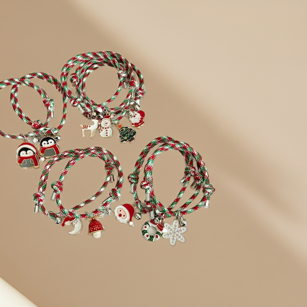 Bracciale di Coppia Natale – Ciondolo Renna/Albero/Pupazzo con Campanellino