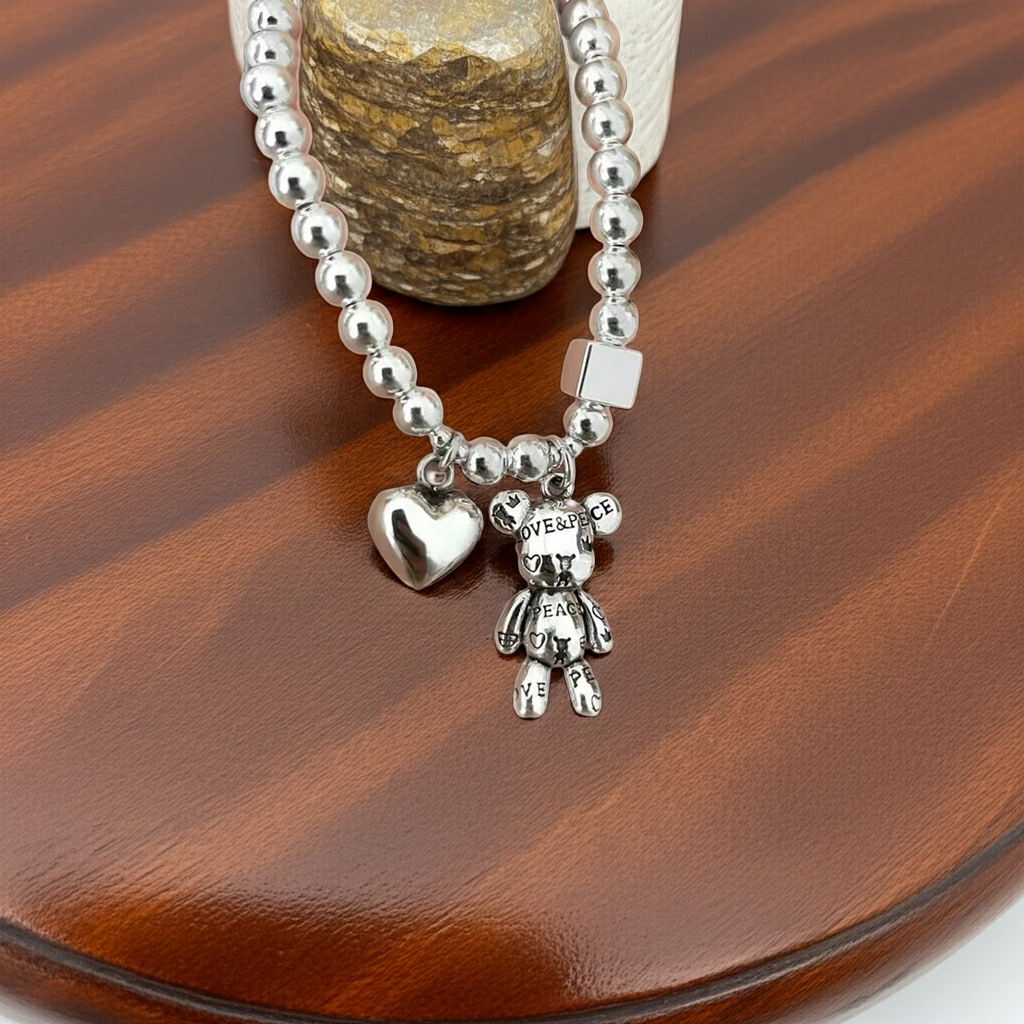 Bracciale Argento 925 con Perle – Ciondolo Orsetto Vintage