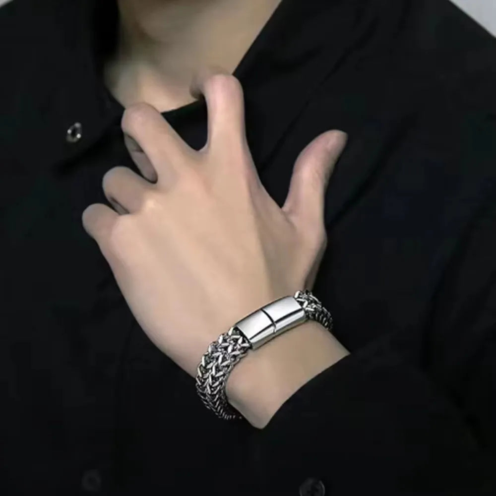 Bracciale Uomo Acciaio Intrecciato – Doppia Fila con Chiusura Magnetica