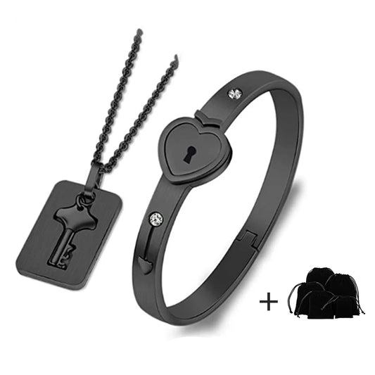Set Coppia Cuore & Chiave – Bracciale Nero + Collana con Pendente Love