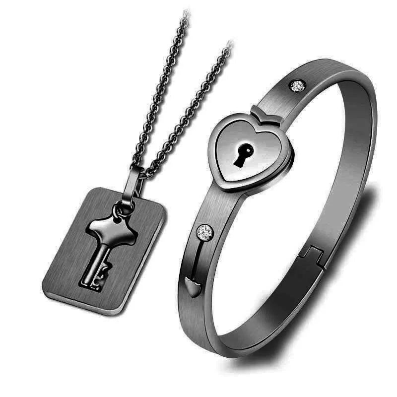 Set Coppia Cuore & Chiave – Bracciale Nero + Collana con Pendente Love