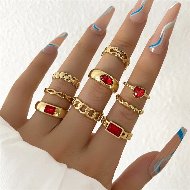 Set 9 Anelli Boho Cuore | Zirconi Rossi & Geometrie