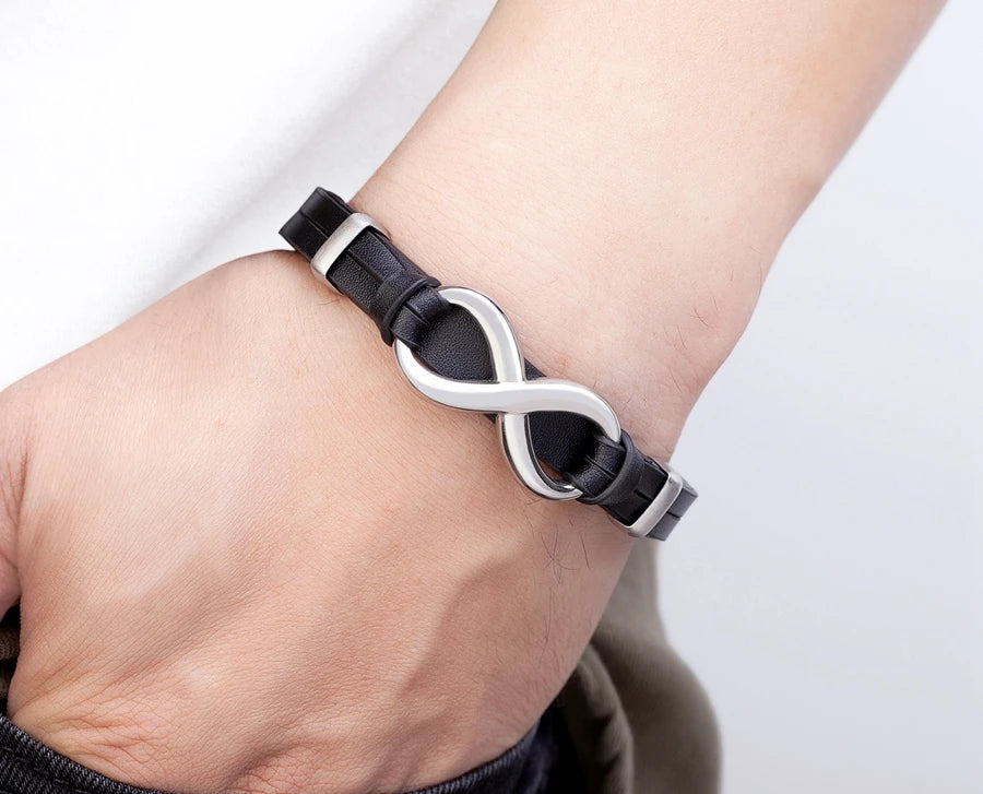 Bracciale in Pelle con Simbolo Infinito – Acciaio Inossidabile