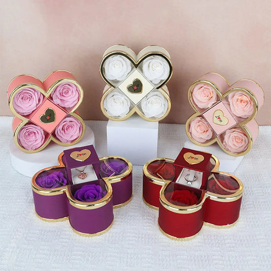 Box Rosa Quadrifoglio con Nome + Collana Cuore Personalizzata – Regalo Speciale per Lei