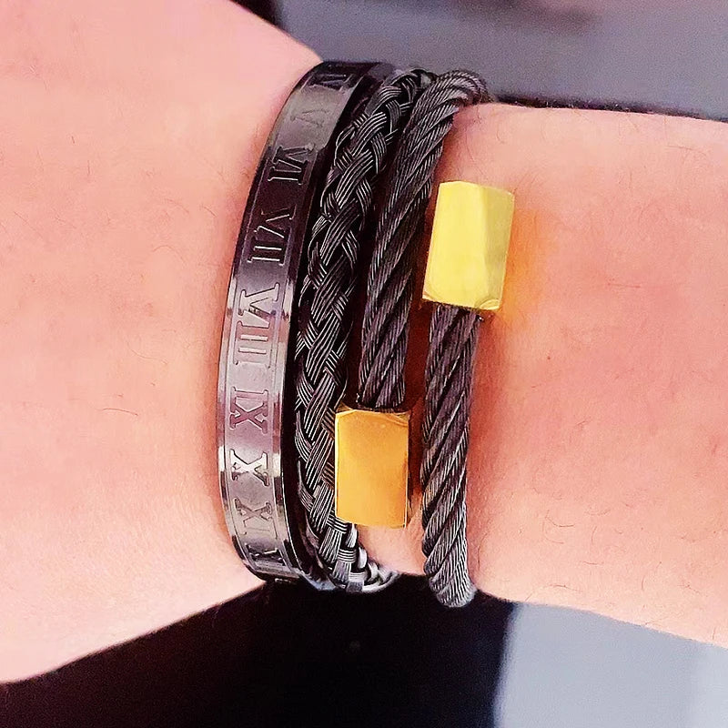 Set Bracciali Luxury 3 Pezzi – Acciaio & Numeri Romani