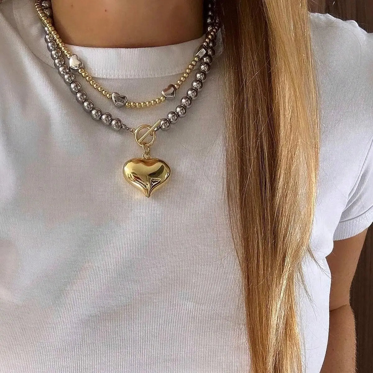 Collana Y2K Cuore • Perle & OT Clasp in Acciaio • Unisex Fashion | LoveDrop™ Italia