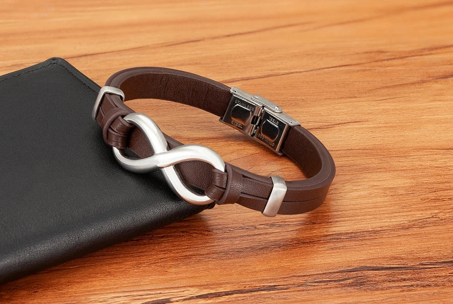 Bracciale in Pelle con Simbolo Infinito – Acciaio Inossidabile