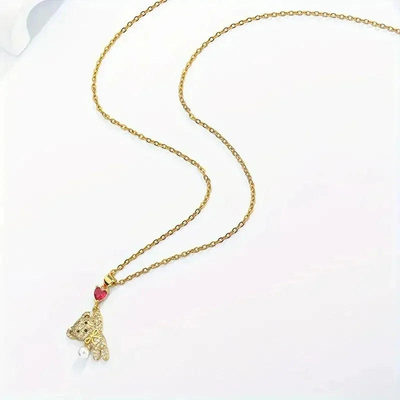 Collana Orsetto & Palloncino Cuore Rosso • Acciaio Titanio • Cute Romantic | LoveDrop™ Italia