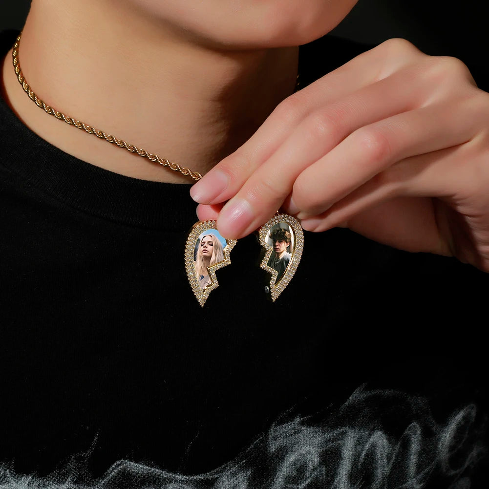 Collana di Coppia Personalizzata con Foto – Cuore Spezzato Magnetico CZ | LoveDrop™ Italia