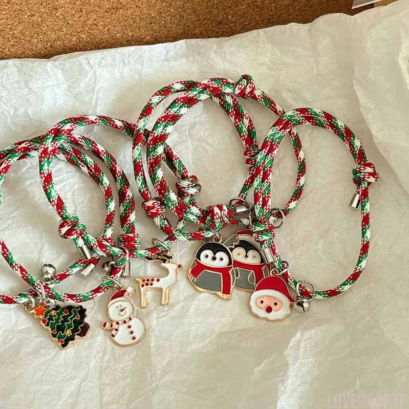 Bracciale di Coppia Natale – Ciondolo Renna/Albero/Pupazzo con Campanellino
