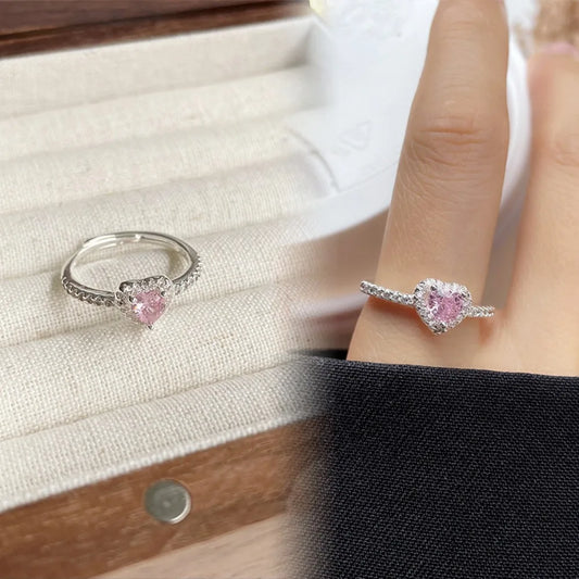 SET: Anello Cuore Rosa con Zirconi – Regalo Romantico per Lei