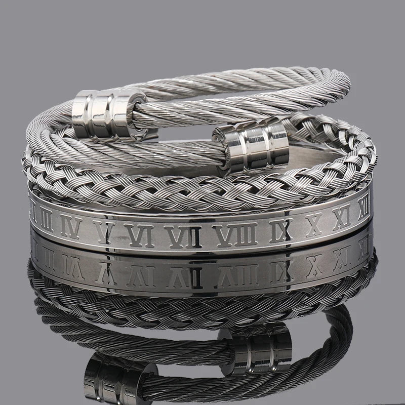 Set Bracciali Luxury 3 Pezzi – Acciaio & Numeri Romani