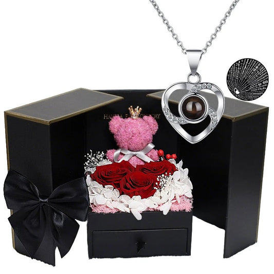 Orsetto di Rose Eterne in Scatola con Collana Cuore “Ti Amo” in 100 Lingue – Regalo Premium - LoveDrop