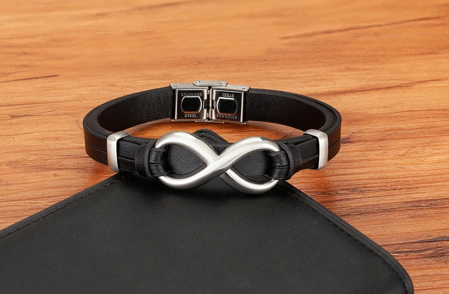 Bracciale in Pelle con Simbolo Infinito – Acciaio Inossidabile