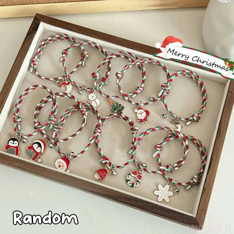 Bracciale di Coppia Natale – Ciondolo Renna/Albero/Pupazzo con Campanellino