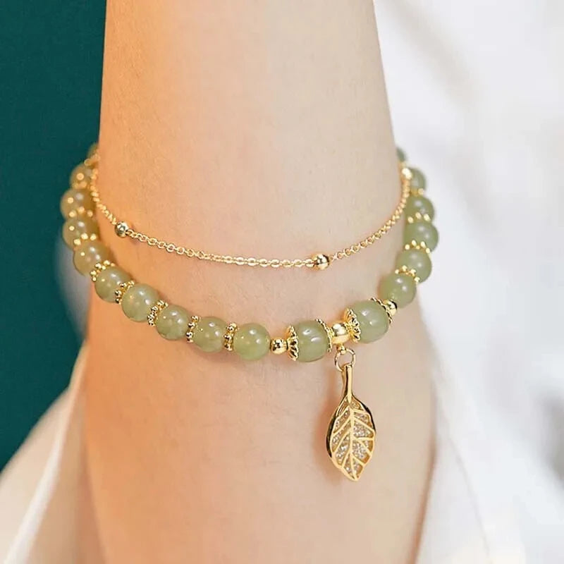 Bracciale Giada Verde Stile Cinese 2026 con Foglie Dorate | Elegante Doppia Catena per Lei