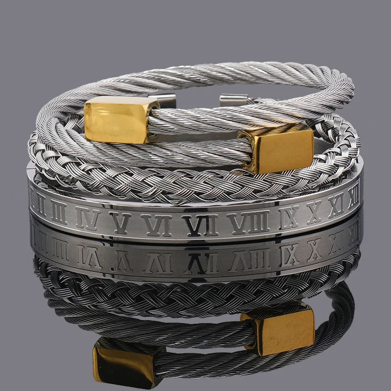 Set Bracciali Luxury 3 Pezzi – Acciaio & Numeri Romani