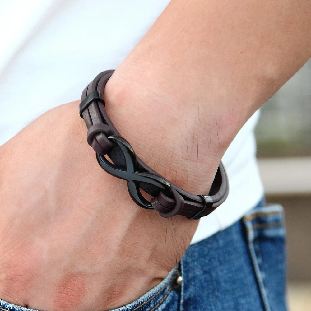 Bracciale in Pelle con Simbolo Infinito – Acciaio Inossidabile