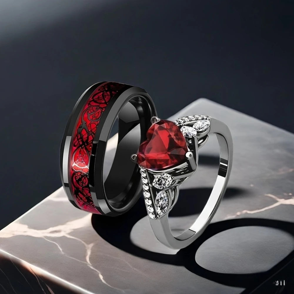 Anelli di Coppia Dragone Gotico | Cuore Rosso & Zircone Lux