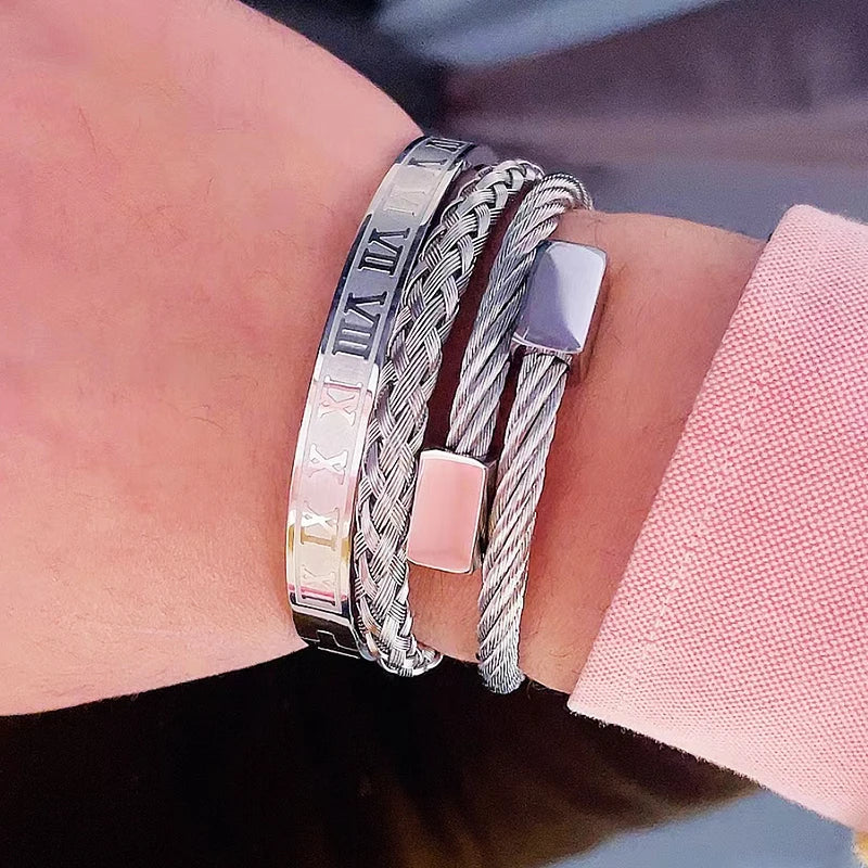 Set Bracciali Luxury 3 Pezzi – Acciaio & Numeri Romani