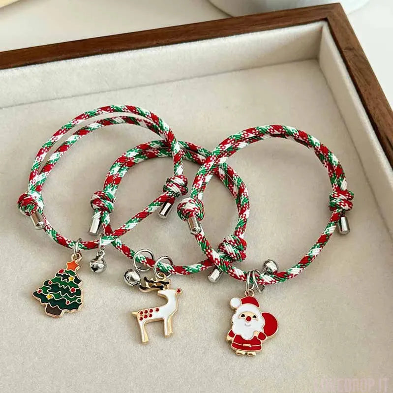 Bracciale di Coppia Natale – Ciondolo Renna/Albero/Pupazzo con Campanellino
