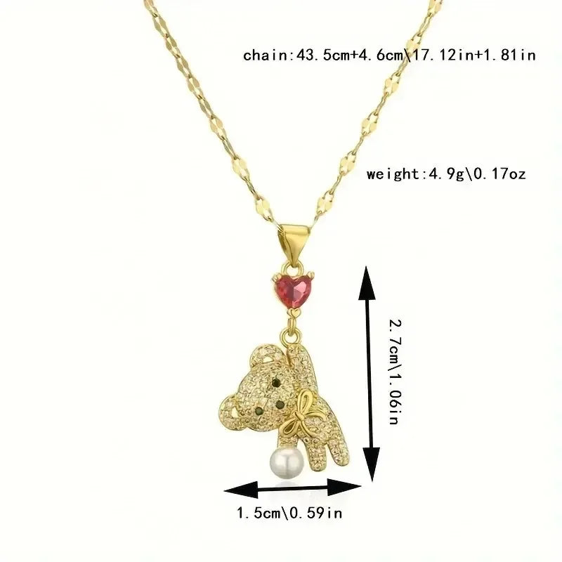 Collana Orsetto & Palloncino Cuore Rosso • Acciaio Titanio • Cute Romantic | LoveDrop™ Italia