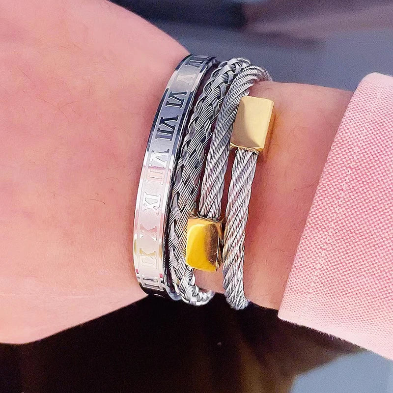 Set Bracciali Luxury 3 Pezzi – Acciaio & Numeri Romani