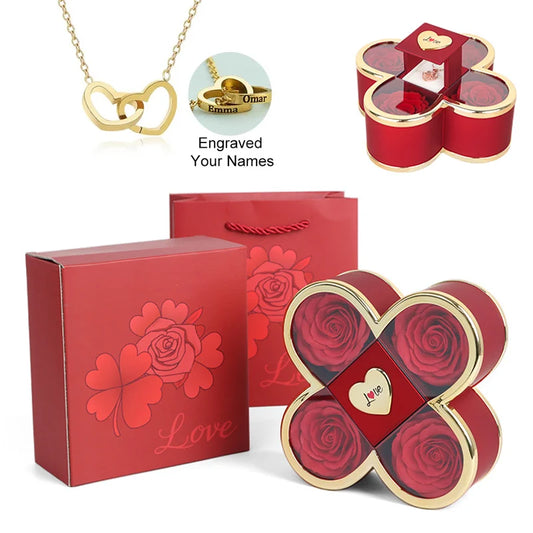 Box Rosa Quadrifoglio con Nome + Collana Cuore Personalizzata – Regalo Speciale per Lei