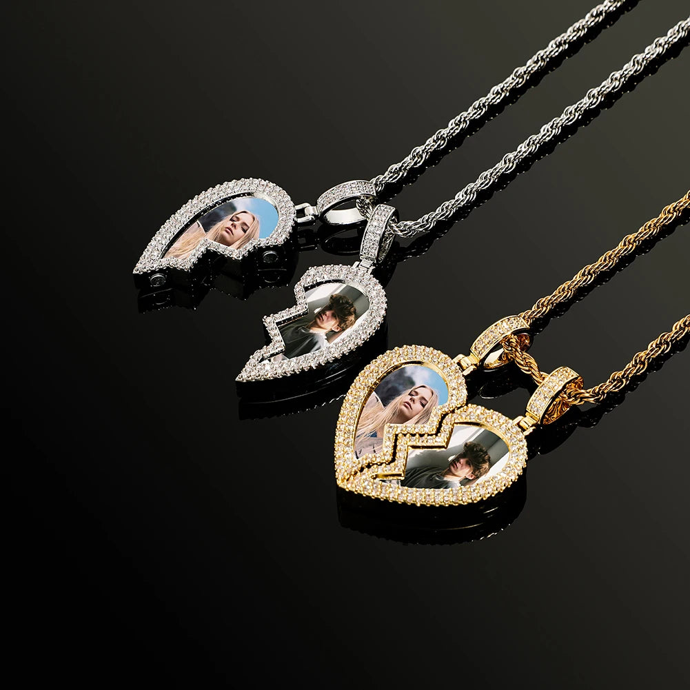 Collana di Coppia Personalizzata con Foto – Cuore Spezzato Magnetico CZ | LoveDrop™ Italia