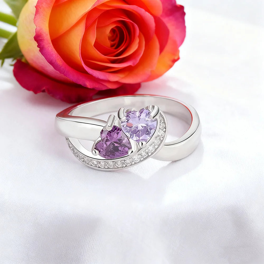 Anello Personalizzato Argento 925 | Doppia Pietra di Nascita & Incisione