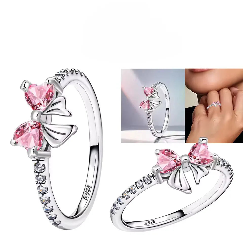 Anello di Coppia 925 Silver | Fiocco Rosa & Cuore Cristallo 2025
