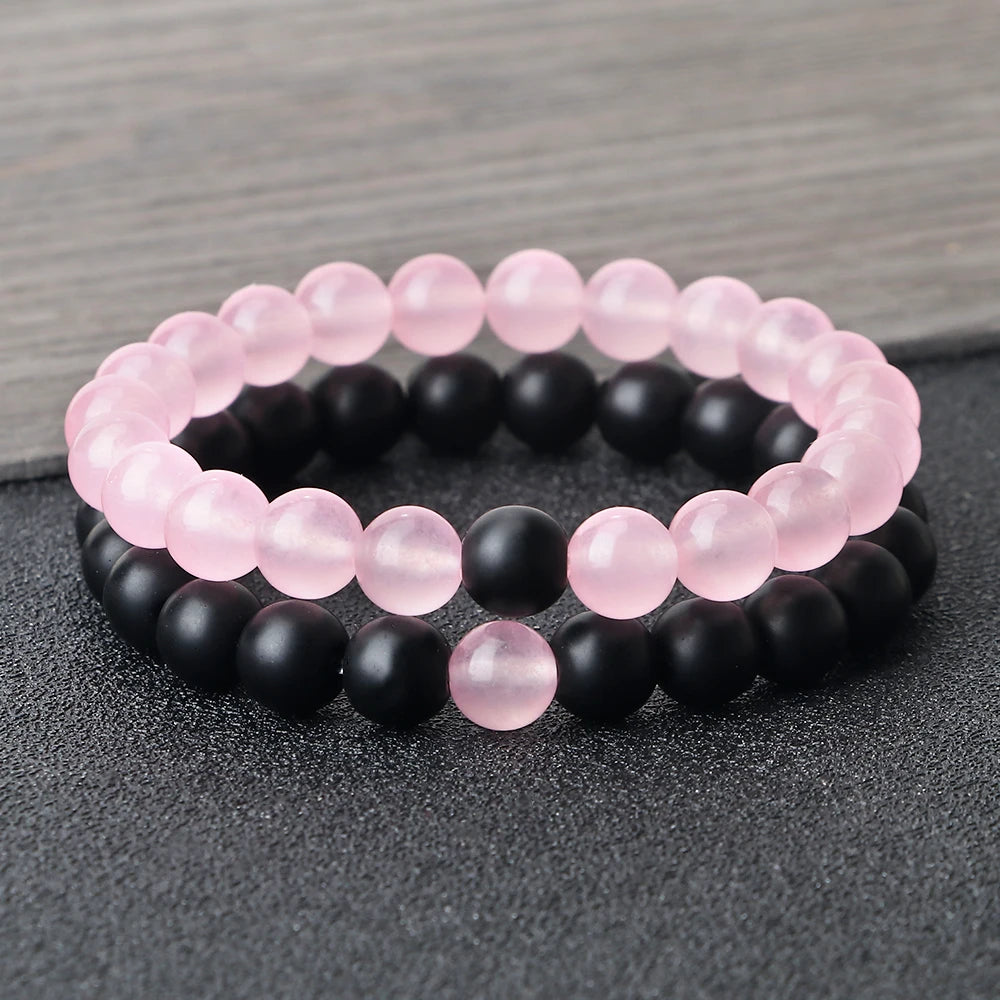 Bracciale di Coppia Distanza – Pietra Naturale Rosa & Nera