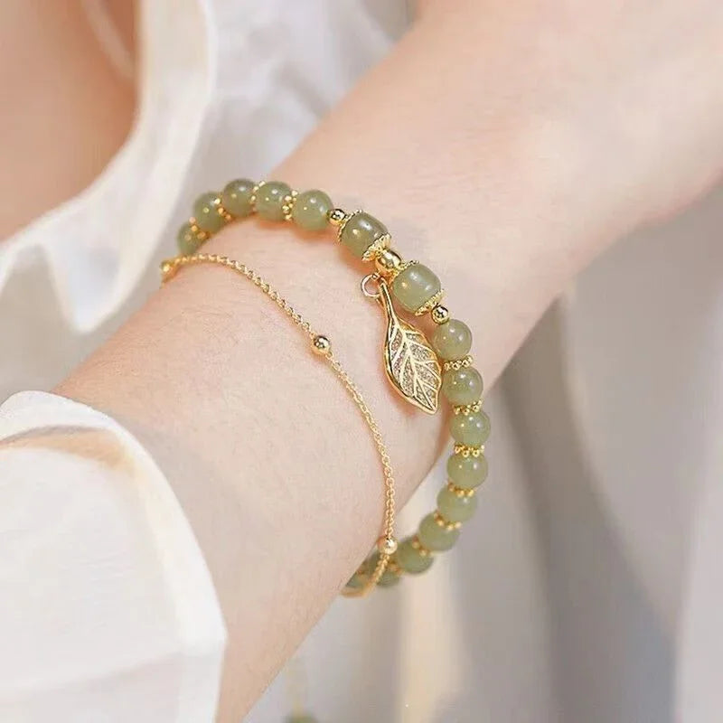 Bracciale Giada Verde Stile Cinese 2026 con Foglie Dorate | Elegante Doppia Catena per Lei