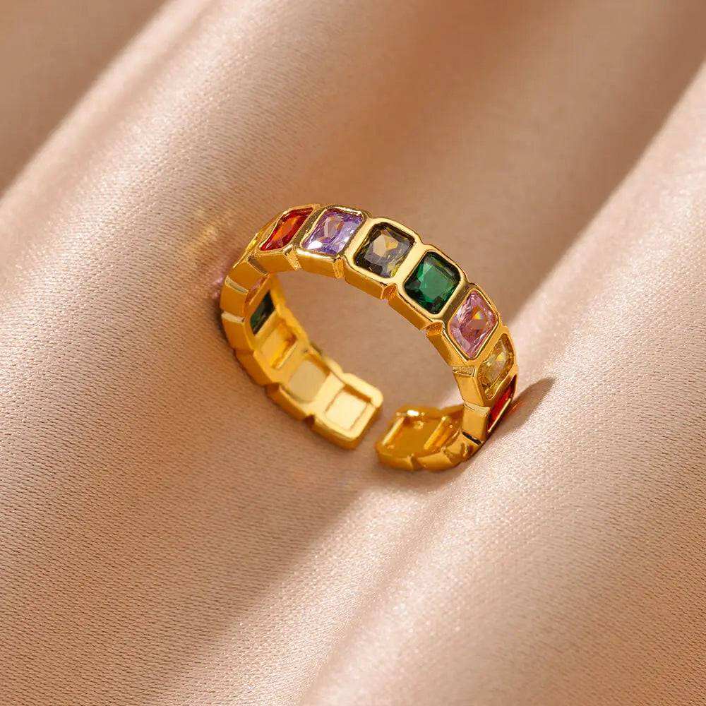 Anello di Coppia Zirconi Colorati | Acciaio Oro Boho Vintage