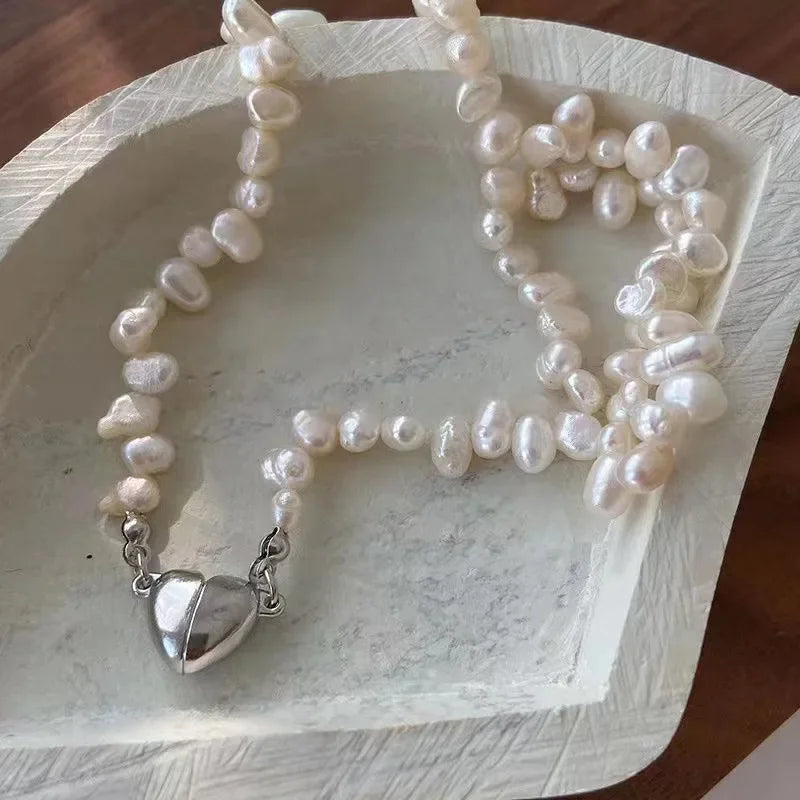 Collana Choker Perle con Cuore Magnetico • Vintage Silver • Legame & Promessa | LoveDrop™ Italia