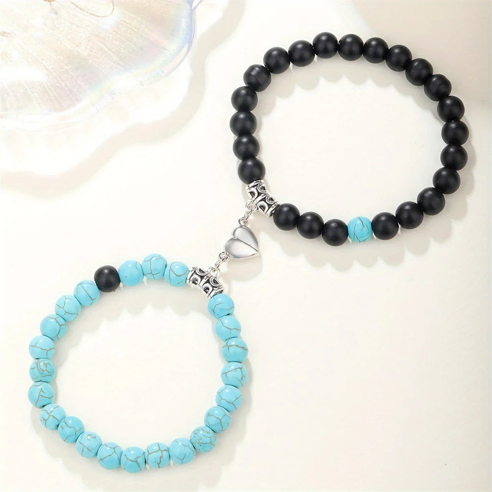 Bracciale di Coppia Distanza – Cuore Magnetico in Pietra Naturale