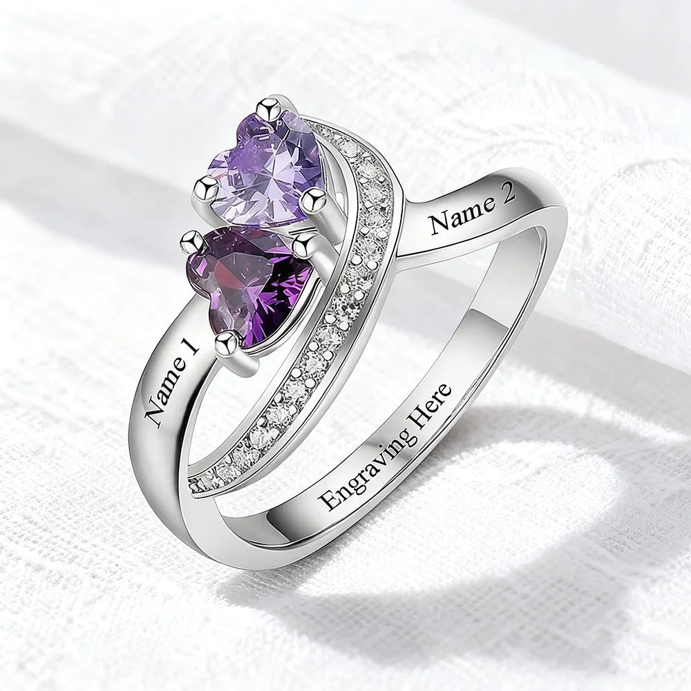 Anello Personalizzato Argento 925 | Doppia Pietra di Nascita & Incisione