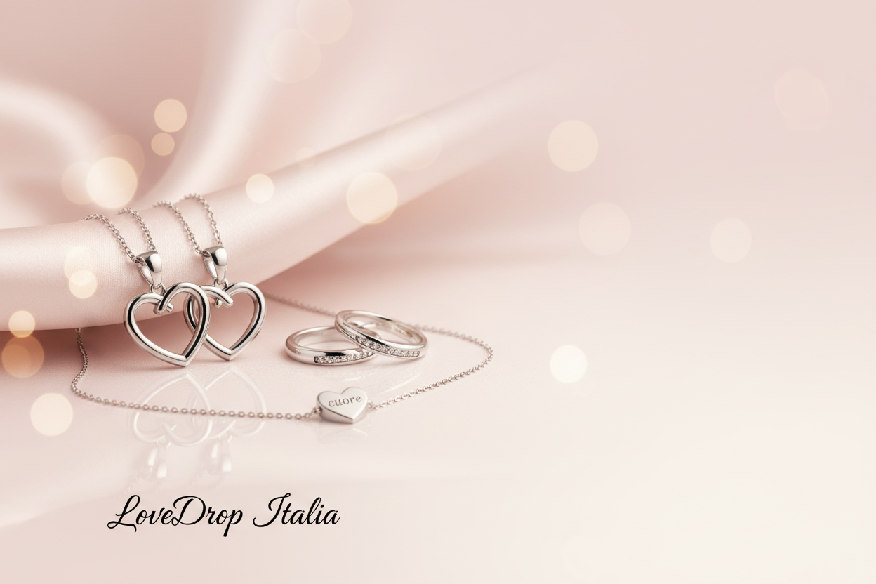 Hero banner for a premium Italian romantic gifts brand — LoveDrop Italia.
Soft minimal background in #FCE7EC, smooth gradient, dreamy romantic atmosphere.
Center composition: elegant couple jewelry close-ups (magnetic heart necklace, couple rings, bracelet cuore).
Delicate reflections and cinematic soft-light.
Subtle bokeh, emotional warm tone.
Add refined shadow accents in #000000 for depth.
Keep empty space on the right side for text.
Color harmony must use #FCE7EC as base, black #111111 for text areas, a