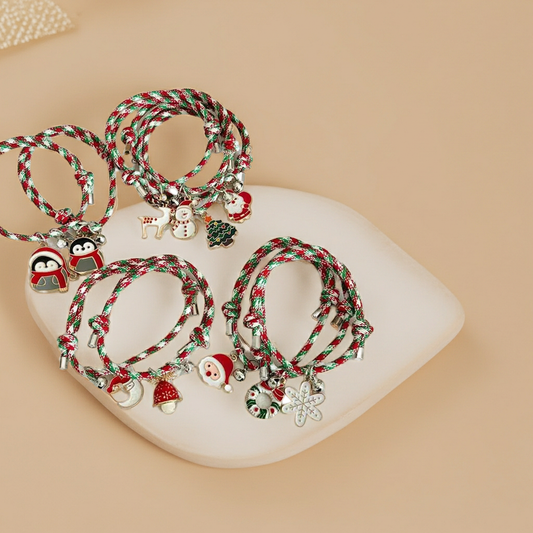 Bracciale di Coppia Natale – Ciondolo Renna/Albero/Pupazzo con Campanellino