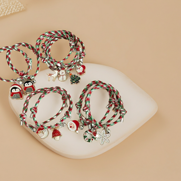 Bracciale di Coppia Natale – Ciondolo Renna/Albero/Pupazzo con Campanellino